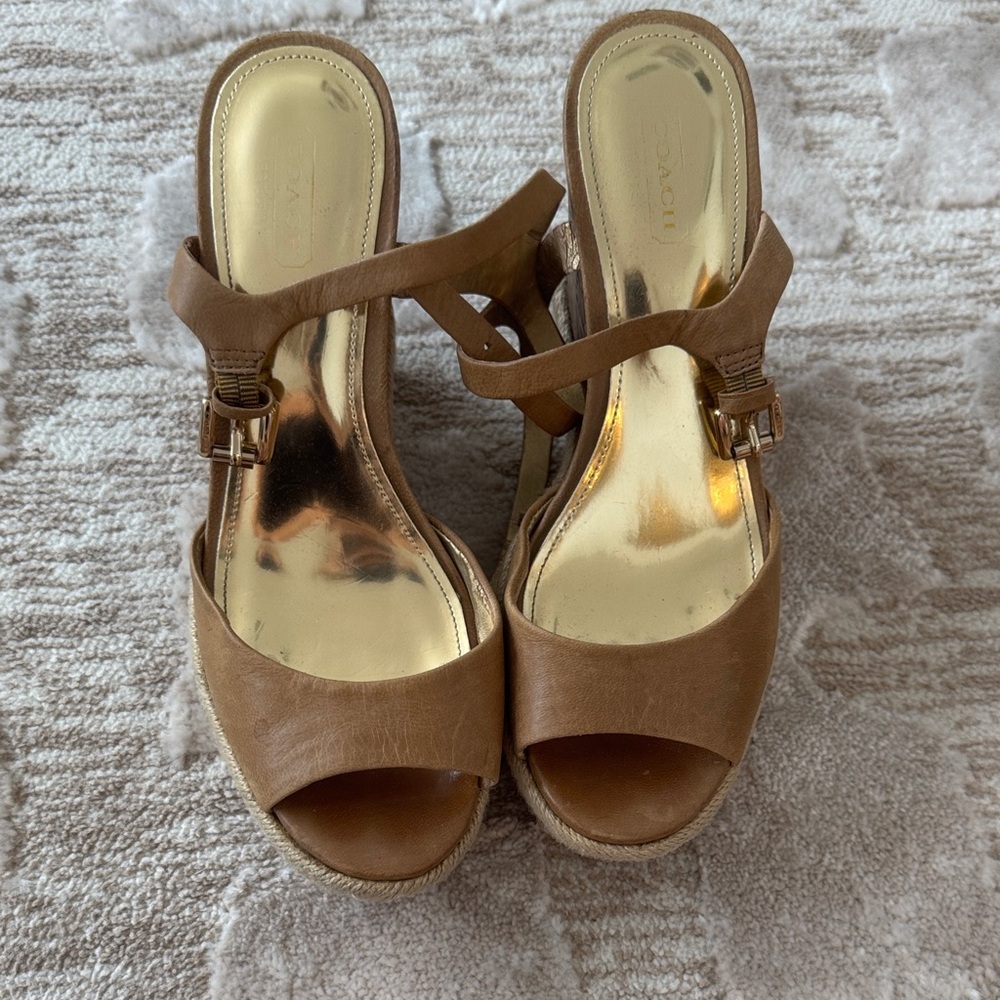 Coach Tan Leather Wedges with Gold Accents